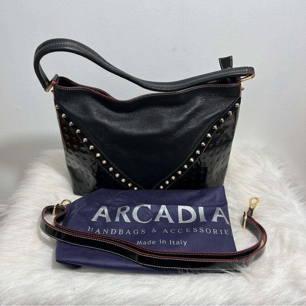 NWT Arcadia Made in Italy Black Patent‎ Leather Gold Studded Bag - Picture 4 of 15